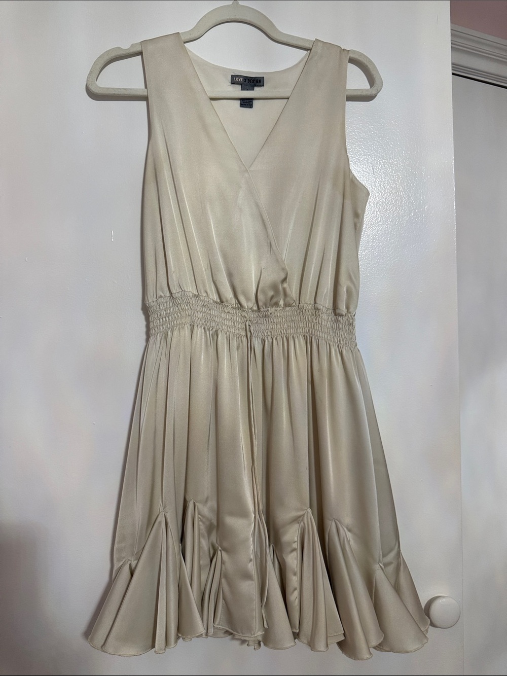 Ann Taylor Cream Satin V-Neck Smocked Waist Mini Dress